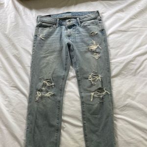 Men’s Abercrombie and Fitch slim jeans size 32, light wash, perfect distressing.